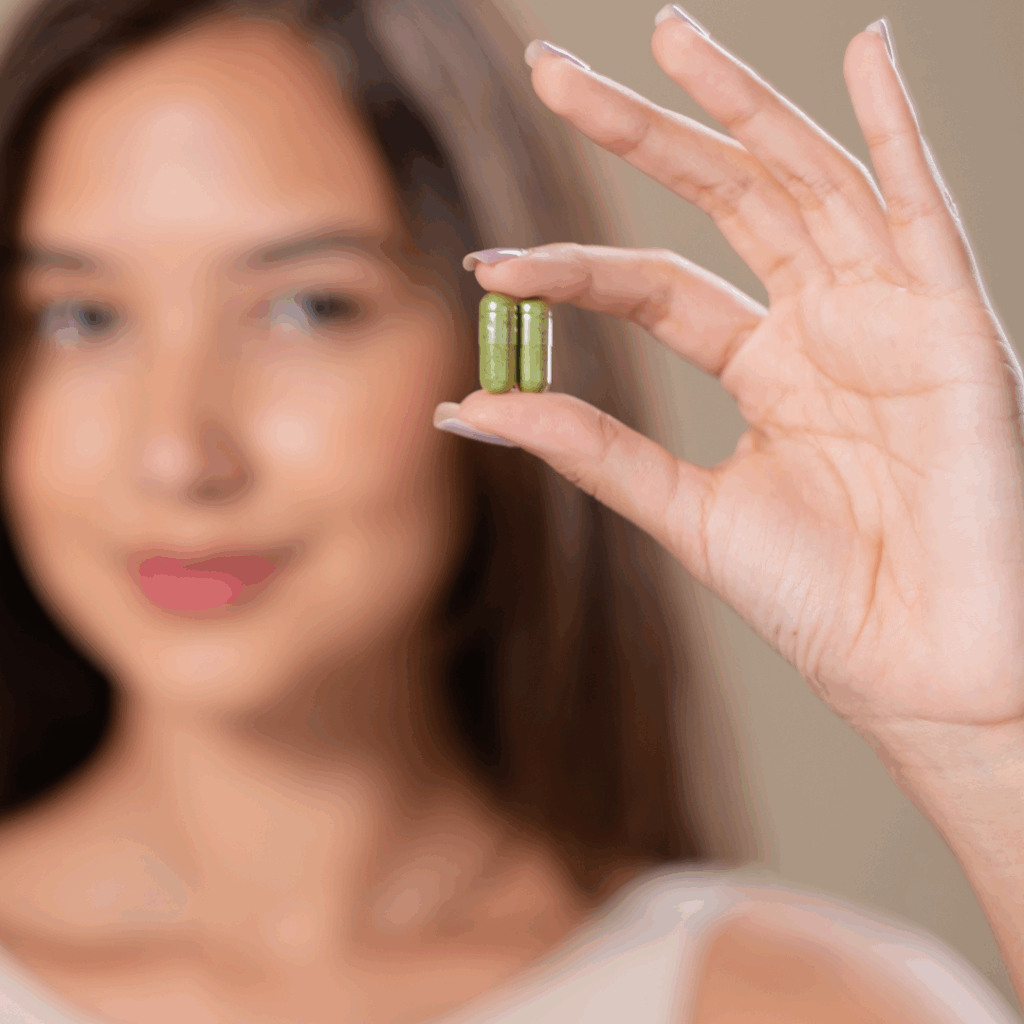 woman holding a capsule supplement