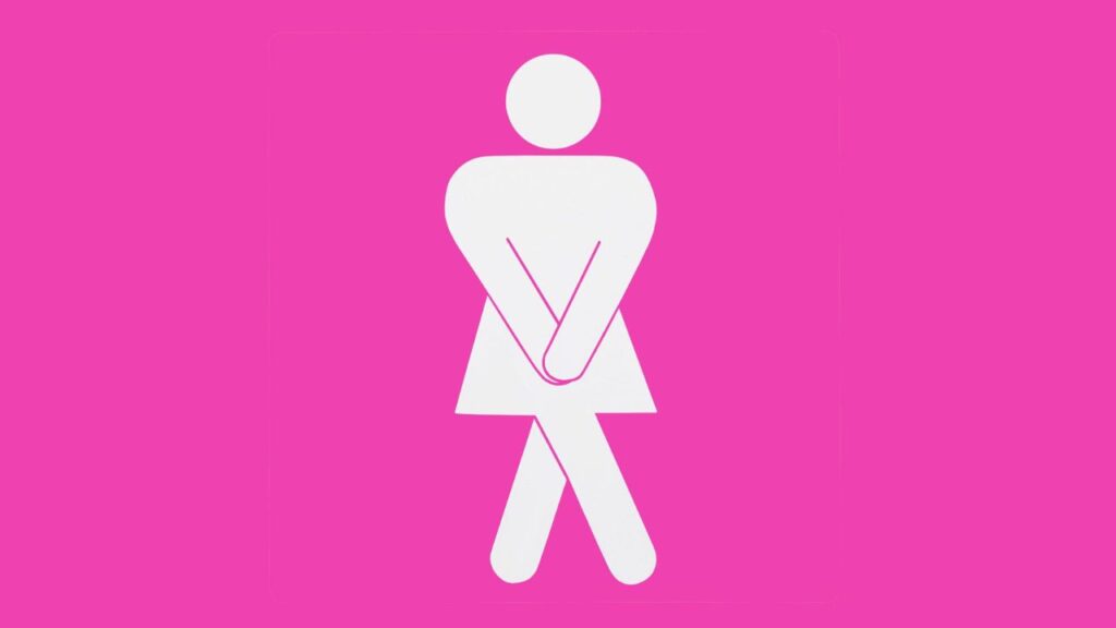 Pink woman's bathroom sign that has to pee