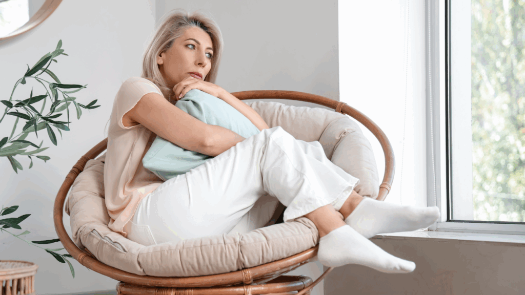 woman sitting curled up on chair