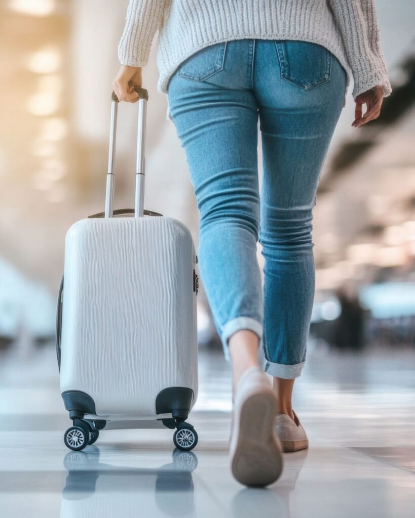 Woman wheeling a carry on suitcase through airport - travel tips for interstitial cystitis